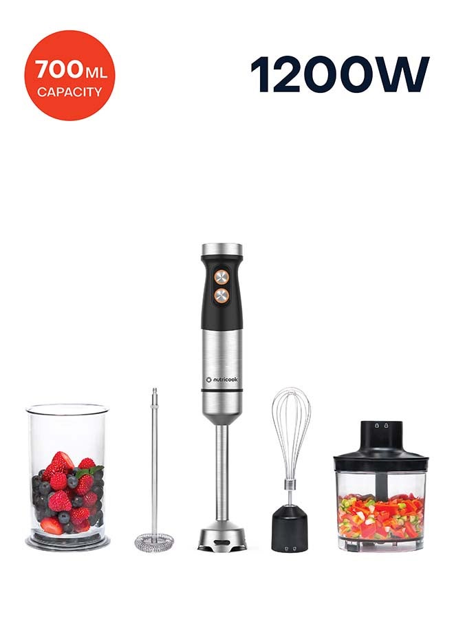 Hand Blender 1200W DC motor with 20 variable speed, 700ml Beaker,500ml Chopping Bowl, Stainless Steel Blades, Whisk 4in1 Blend,Chop,Whisk,Froth 2-Year
