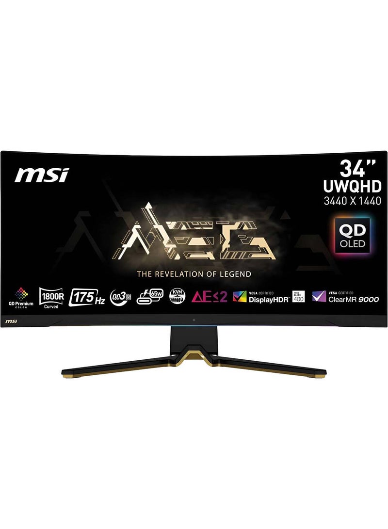34 Inch Curved Gaming Monitor OLED MEG 342C QD, 3440 x 1440 (UWQHD), OLED, 0.1ms, 175Hz, FreeSync Premium, HDR 400, HDMI, DP Port, USB Type C, Tilt, Height Black image 1