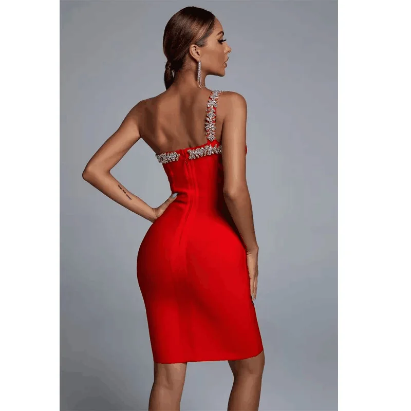 2025New Sexy Women Mini Bandage Dress One Shoulder Collar Rhinestone Decorated Shoulder Strap Bodycon Dresses Party Vestido