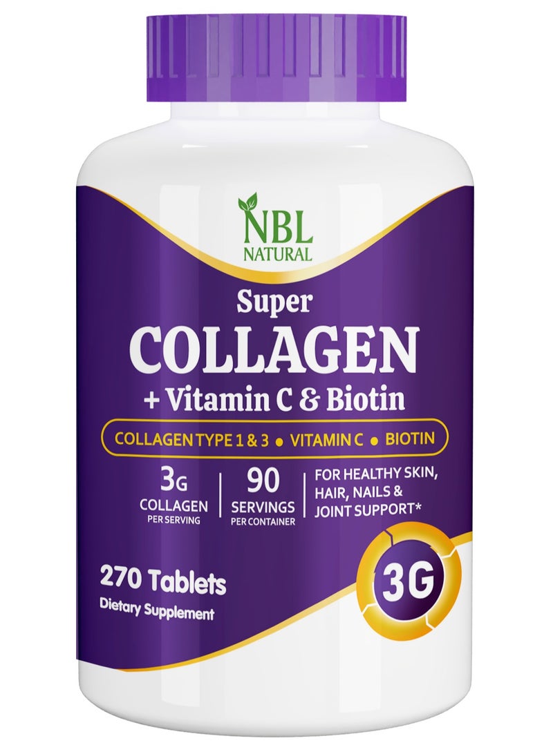 Super Collagen Tablets – 270 Tablets – Collagen Type 1 & 3 with Vitamin C & Biotin – 3g Per Serving – Supports Hair, Skin, Nails & Joint Health – 90 S